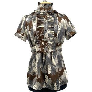New York & Company High Neck Ruffle Leaf Dress Blouse Small